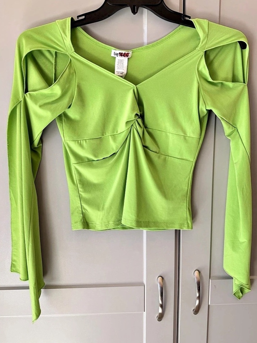 Vintage Y2K Tag 1080 Neon Lime Green Cutout Bell Sleeve Ruched Top NWT L